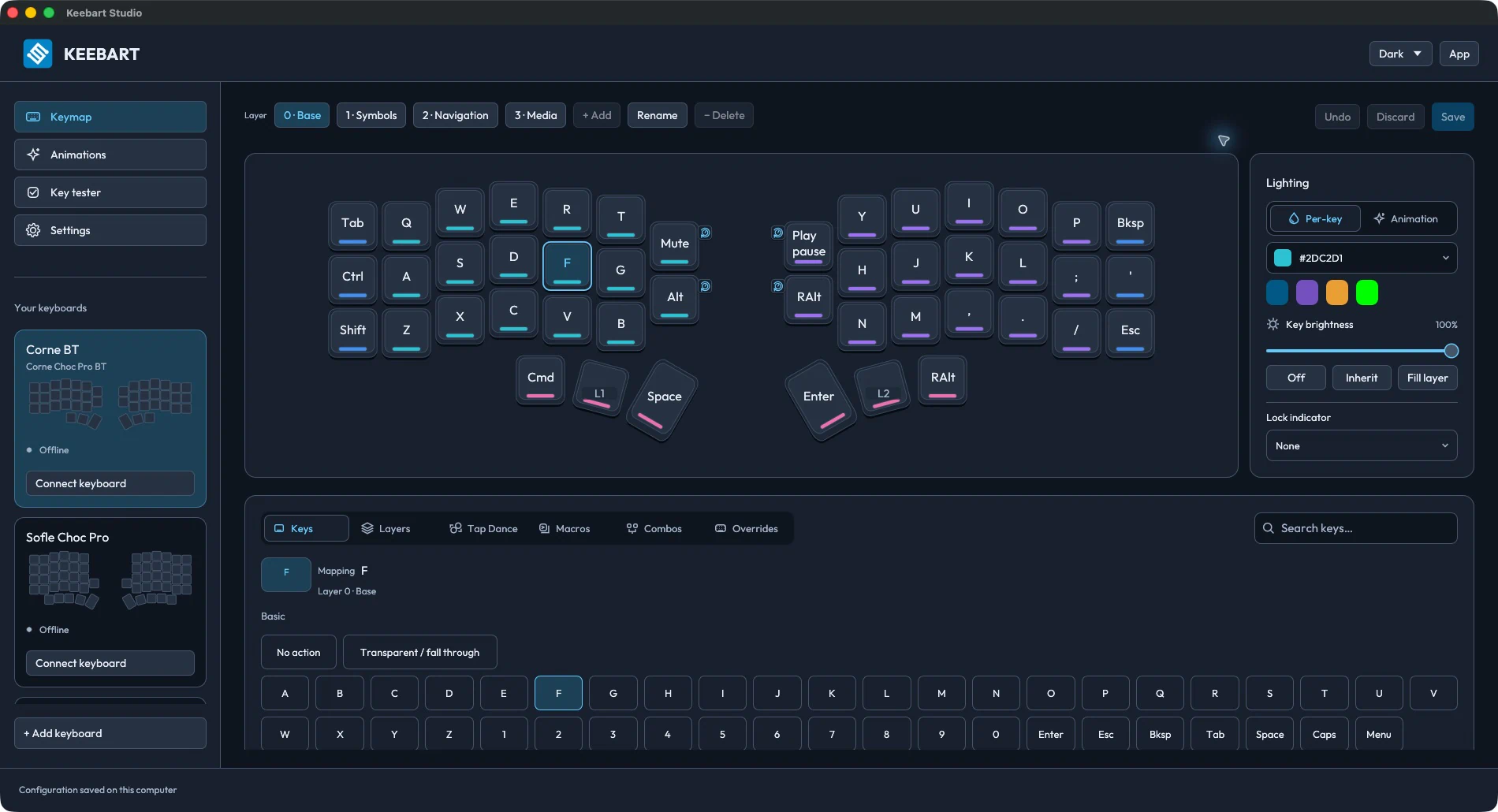 Keebart Studio in dark mode with Corne Choc Pro BT, layers and individual key colors