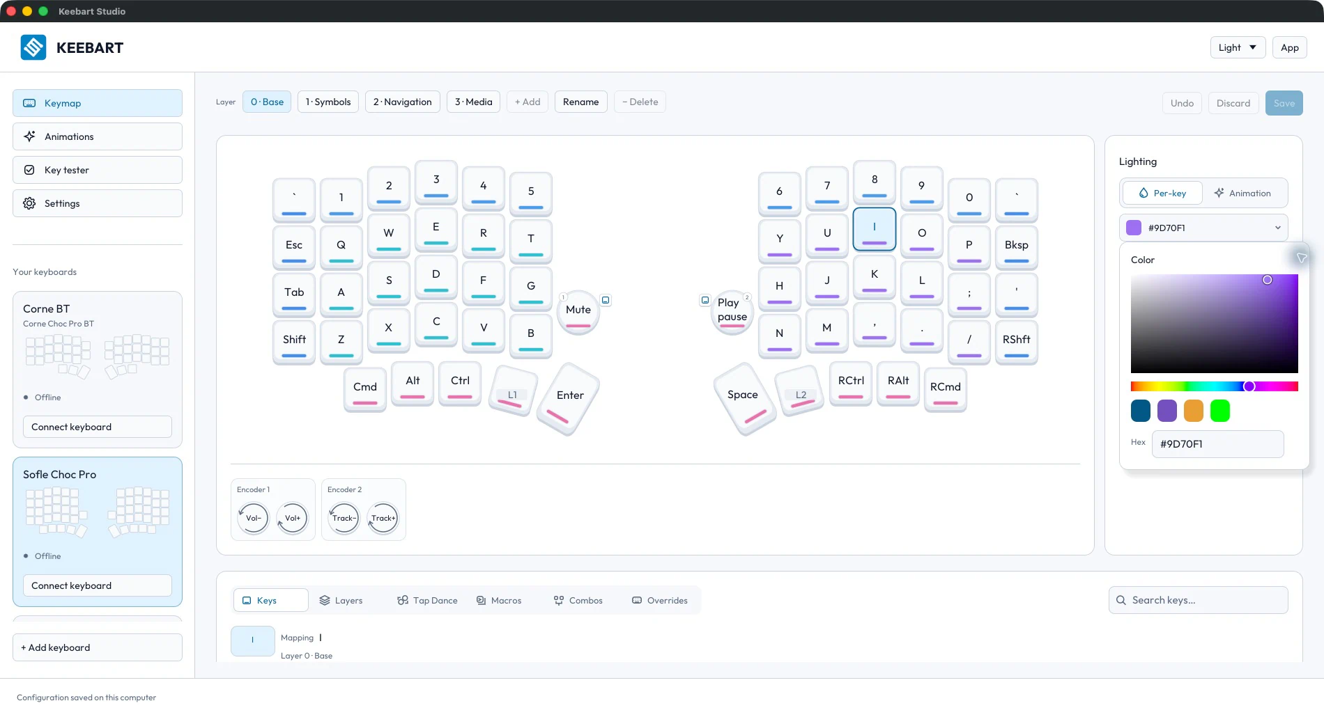 Keebart Studio in light mode with Sofle Choc Pro and the per-key color picker open